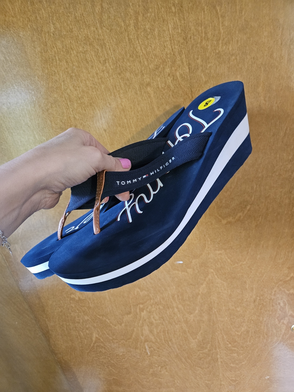 Tommy Hilfiger Navy Blue Platform Wedge Flip Flop Sandals with White Stripe